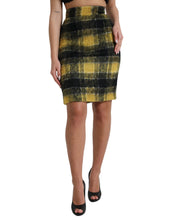 Load image into Gallery viewer, Dolce &amp; Gabbana Yellow Black Brushed Checked Wool Pencil Cut Skirt
