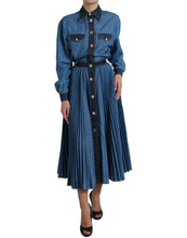 Load image into Gallery viewer, Dolce &amp; Gabbana Blue Collared Denim Pleated A-line Midi Dress
