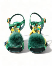 Load image into Gallery viewer, Dolce &amp; Gabbana Green Crystal Mink Fur T-Strap Sandals
