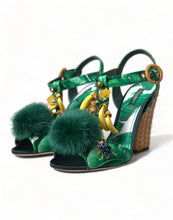 Load image into Gallery viewer, Dolce &amp; Gabbana Green Crystal Mink Fur T-Strap Sandals
