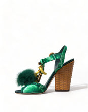 Load image into Gallery viewer, Dolce &amp; Gabbana Green Crystal Mink Fur T-Strap Sandals
