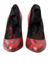 Load image into Gallery viewer, Dolce &amp; Gabbana Red Almond Toe Snakeskin Pumps with Lace Socks
