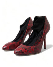 Load image into Gallery viewer, Dolce &amp; Gabbana Red Almond Toe Snakeskin Pumps with Lace Socks
