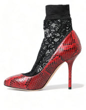 Load image into Gallery viewer, Dolce &amp; Gabbana Red Almond Toe Snakeskin Pumps with Lace Socks
