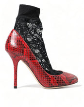 Load image into Gallery viewer, Dolce &amp; Gabbana Red Almond Toe Snakeskin Pumps with Lace Socks
