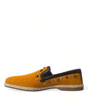 Load image into Gallery viewer, Dolce &amp; Gabbana Orange Linen Leather Studded Loafers Shoes
