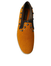 Load image into Gallery viewer, Dolce &amp; Gabbana Orange Linen Leather Studded Loafers Shoes
