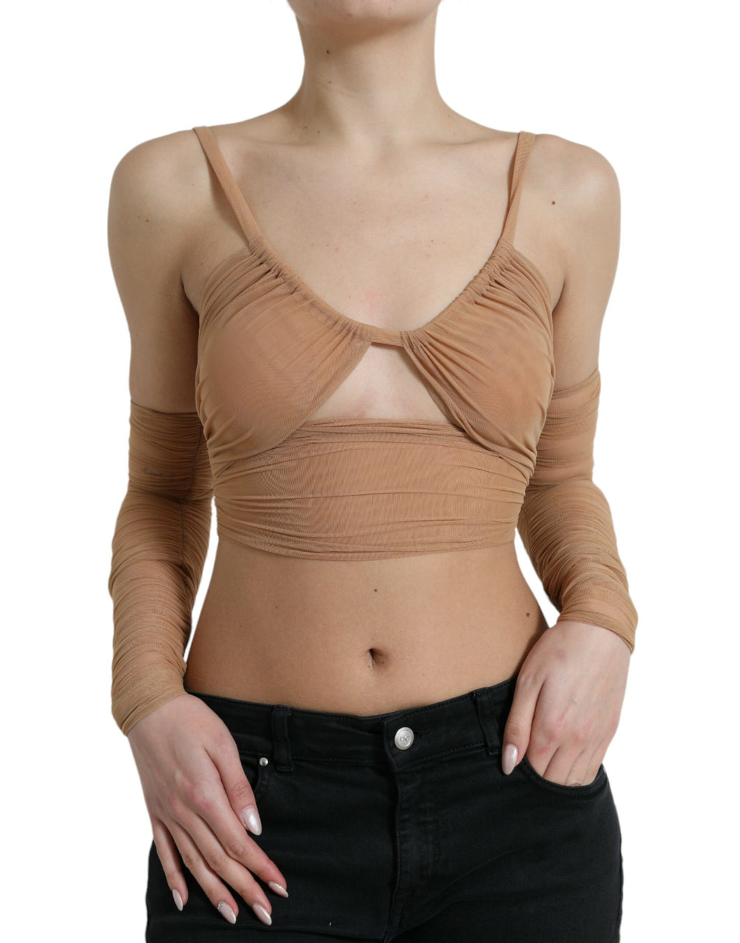 Dolce & Gabbana Brown Nylon Stretch Open Shoulder Cropped Top