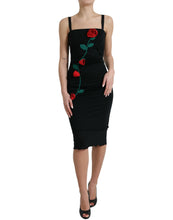 Load image into Gallery viewer, Dolce &amp; Gabbana Black Roses Wool Sheath Bodycon Midi Dress
