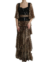 Load image into Gallery viewer, Dolce &amp; Gabbana Brown Leopard Sequined Tiered Long Gown Dress
