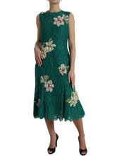 Load image into Gallery viewer, Dolce &amp; Gabbana Green Lace Floral Applique Aline Midi Dress
