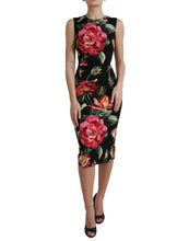 Load image into Gallery viewer, Dolce &amp; Gabbana Black Floral Print Silk Sheath Midi Dress
