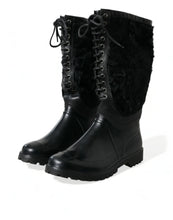 Load image into Gallery viewer, Dolce &amp; Gabbana Black Rubber Lace Up Shearling Rain Boots Shoes
