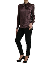 Load image into Gallery viewer, Dolce &amp; Gabbana Brown Silk Ascot Collar Long Sleeve Blouse Top
