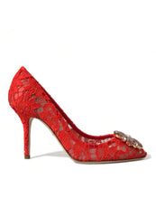 Load image into Gallery viewer, Dolce &amp; Gabbana Exquisite Crystal-Embellished Red Lace Heels
