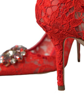 Load image into Gallery viewer, Dolce &amp; Gabbana Exquisite Crystal-Embellished Red Lace Heels
