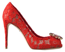 Load image into Gallery viewer, Dolce &amp; Gabbana Red Taormina Lace Crystal Heels Pumps Shoes
