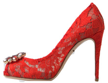 Load image into Gallery viewer, Dolce &amp; Gabbana Red Taormina Lace Crystal Heels Pumps Shoes
