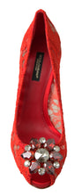 Load image into Gallery viewer, Dolce &amp; Gabbana Red Taormina Lace Crystal Heels Pumps Shoes
