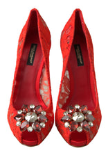 Load image into Gallery viewer, Dolce &amp; Gabbana Red Taormina Lace Crystal Heels Pumps Shoes
