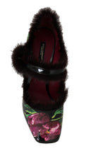 Load image into Gallery viewer, Dolce &amp; Gabbana Black Purple Tulip Print Fur Mary Janes Pumps
