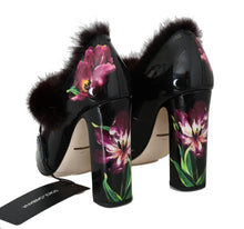 Load image into Gallery viewer, Dolce &amp; Gabbana Black Purple Tulip Print Fur Mary Janes Pumps
