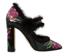 Load image into Gallery viewer, Dolce &amp; Gabbana Black Purple Tulip Print Fur Mary Janes Pumps
