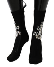 Load image into Gallery viewer, Dolce &amp; Gabbana Black Knitted Floral Clear Crystal Socks
