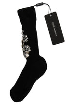 Load image into Gallery viewer, Dolce &amp; Gabbana Black Knitted Floral Clear Crystal Socks
