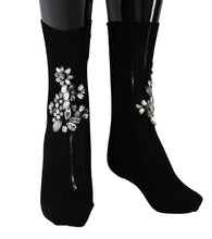 Load image into Gallery viewer, Dolce &amp; Gabbana Black Knitted Floral Clear Crystal Socks
