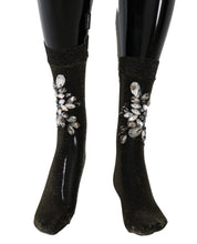 Load image into Gallery viewer, Dolce &amp; Gabbana Black Stretch Floral Clear Crystal Socks
