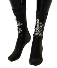 Load image into Gallery viewer, Dolce &amp; Gabbana Black Stretch Floral Clear Crystal Socks
