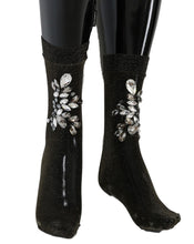 Load image into Gallery viewer, Dolce &amp; Gabbana Black Stretch Floral Clear Crystal Socks
