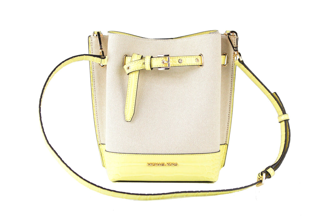 Michael Kors Emilia Small Canvas Snakeskin Print Leather Bucket Bag Messenger Crossbody Handbag (Buttercup)