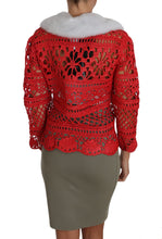 Load image into Gallery viewer, Dolce &amp; Gabbana Elegant Red Crochet Knit Cardigan with Fur Collar
