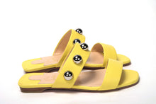 Load image into Gallery viewer, Christian Louboutin Bright Yellow Silver Wide Strap Studded Flat
