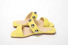 Load image into Gallery viewer, Christian Louboutin Bright Yellow Silver Wide Strap Studded Flat
