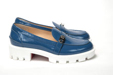 Load image into Gallery viewer, Christian Louboutin Blue And White Silver Logo Lock Boat Shoe
