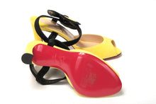 Load image into Gallery viewer, Christian Louboutin Yellow Black Peep Toe Flower Sandal
