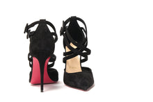 Load image into Gallery viewer, Christian Louboutin Black Velour Perforated Strappy High Heel Sandal 
