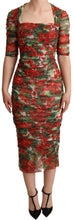 Load image into Gallery viewer, Dolce &amp; Gabbana Red Floral Print Tulle Sheath Midi Dress
