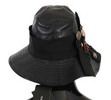 Load image into Gallery viewer, Dolce &amp; Gabbana Black Leather DG Coin Crystal Wide Brim Hat
