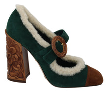 Load image into Gallery viewer, Dolce &amp; Gabbana Chic Green Suede Mary Janes with Shearling Trim
