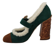 Load image into Gallery viewer, Dolce &amp; Gabbana Chic Green Suede Mary Janes with Shearling Trim
