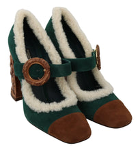 Load image into Gallery viewer, Dolce &amp; Gabbana Chic Green Suede Mary Janes with Shearling Trim
