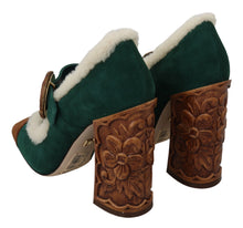 Load image into Gallery viewer, Dolce &amp; Gabbana Chic Green Suede Mary Janes with Shearling Trim
