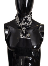 Load image into Gallery viewer, Dolce &amp; Gabbana Black Silk Royal Crown Print Logo Shawl Fringe Scarf
