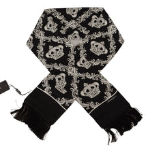 Load image into Gallery viewer, Dolce &amp; Gabbana Black Silk Royal Crown Print Logo Shawl Fringe Scarf

