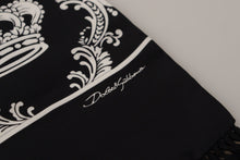 Load image into Gallery viewer, Dolce &amp; Gabbana Black Silk Royal Crown Print Logo Shawl Fringe Scarf
