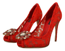 Load image into Gallery viewer, Dolce &amp; Gabbana Red Crystal Taormina Lace Heels Pumps
